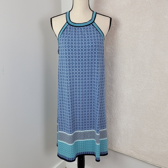 Max Studio Blue An Teal Geometric Pattern Sleeveless Criss-Cross Dress Sz XL NEW - Picture 2 of 10
